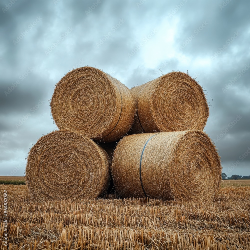 Stacked Hay Bales Under Cloudy Sky Representing Sustainable Farming Stacked Hay Bales Under Cloudy Sky Representing Sustainable Farming