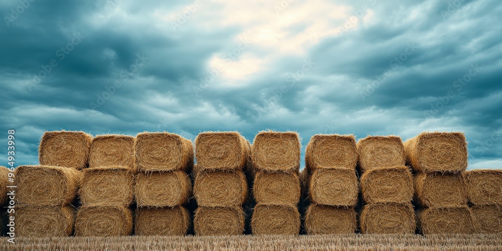 Stacked Hay Bales Under Cloudy Sky Representing Sustainable Farming
