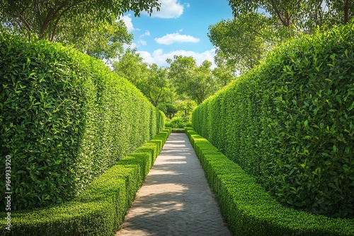 Beautifully manicured garden path lined with lush green hedges and trees, under a bright blue sky with scattered clouds.