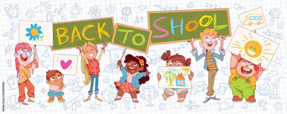 custom made wallpaper toronto digitalBack to School. Boys and girls hold up a school board poster. Children scribbles on the wall. Template for design. Banner. Funny cartoon characters. Vector illustration. Isolated on white background