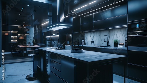 Modern kitchen interior with marble island, black wooden cabinets. Resembling a contemporary Russian apartment. Generative AI photo