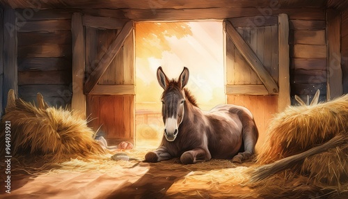 A donkey resting in a barn with hay scattered around, with the barn door slightly open, reve photo