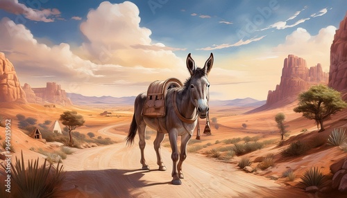 A donkey walking along a dirt road with a saddlebag, surrounded by a sparsely populated dese  photo