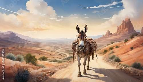 A donkey walking along a dirt road with a saddlebag, surrounded by a sparsely populated dese  photo