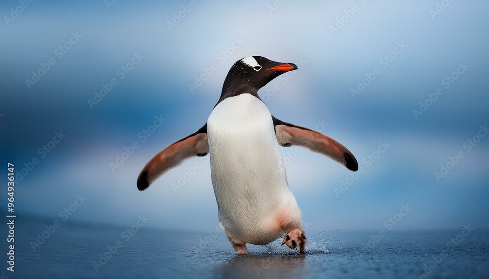 Naklejka premium A happy, waddling penguin with its wings slightly spread. The background is a soft, icy blue 