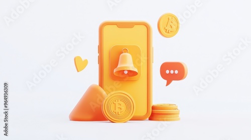 Digital Finance Concept - 3D Mobile Phone with Coins and Alarm Bell, Vector Illustration for App Icon Design photo