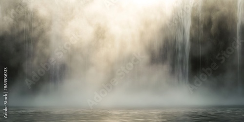 Abstract, misty waterfall with a calm, reflective pool of water in the foreground.