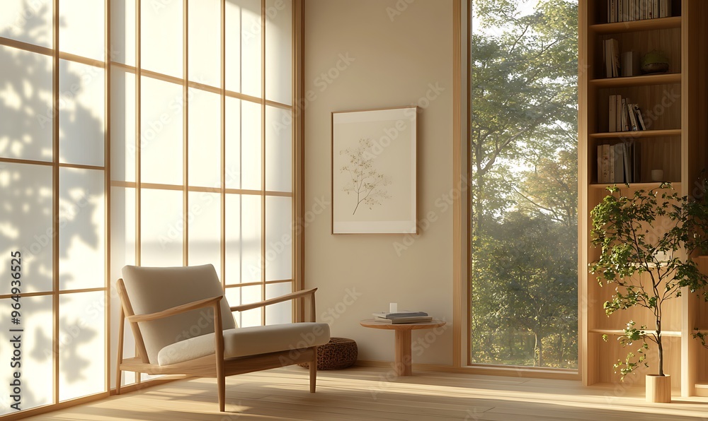 Fototapeta premium Cozy Modern Room with Japanese Scandinavian Style, Light Wood Flooring, and Large Windows Framing Nature