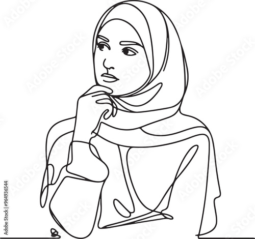 Elegant Line Drawing of a Pensive Arabic Woman in Hijab Gazing Thoughtfully