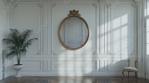 Elegant White Room with Ornate Mirror and Palm Plant photo