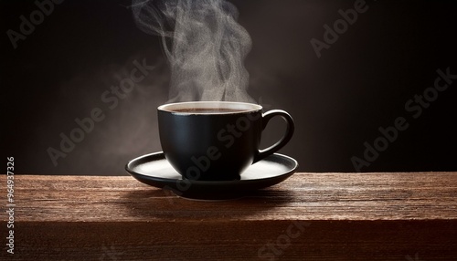 Side view of a steaming black coffee cup, placed at the edge of a dark wooden plank, the bac 