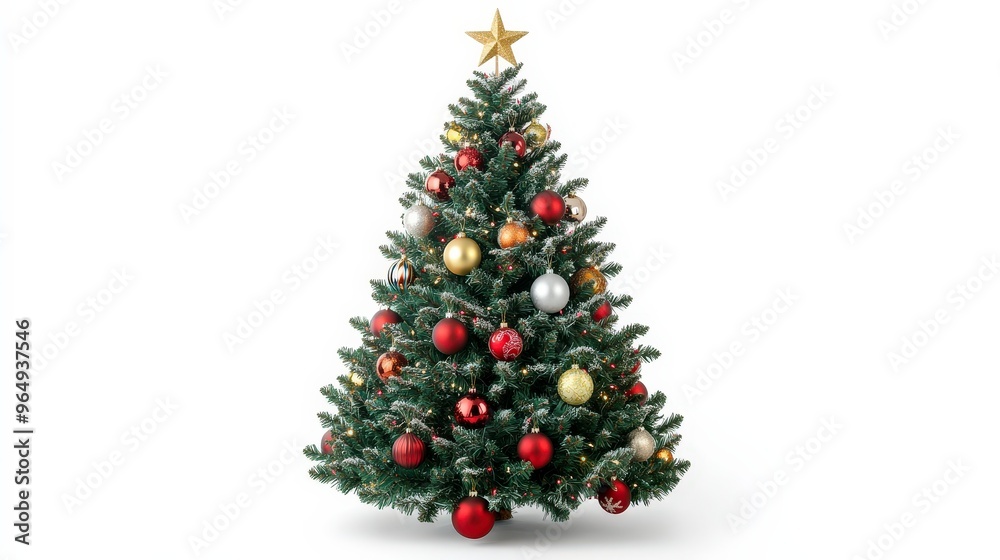 Festive Christmas Tree with Bright Ornaments and Star Topper on White Background