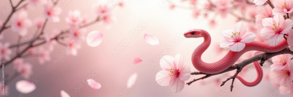 Obraz premium A striking blend of pink blossoms and a coiled snake, symbolizing the harmony of nature and beauty. Perfect for themes of renewal and transformation.