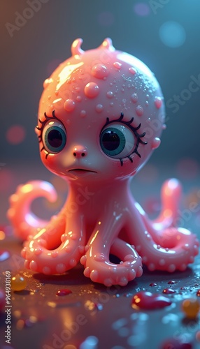 Quirky and cute, this adorable pink octopus character captures the essence of fun and creativity, perfect for use in children's products or playful branding materials. photo