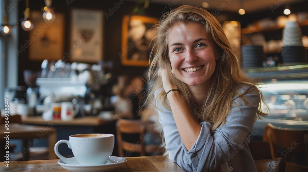 A young woman smiles at the camera while sitting at a table in a cafe. A young woman smiles at the camera while sitting at a table in a cafe.
