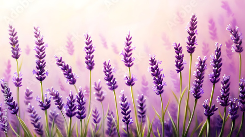 A field of purple lavender blooms in the warm sunlight. The flowers are in focus, while the background is blurred.