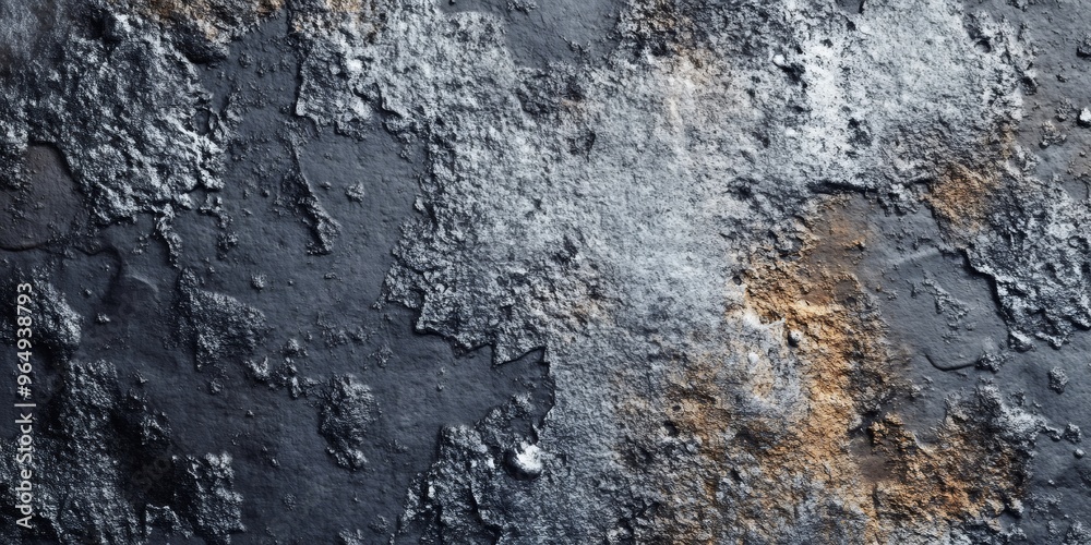 Close-up of a textured rock surface with dark gray, silver, and orange hues. Close-up of a textured rock surface with dark gray, silver, and orange hues.
