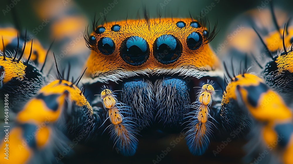 A close-up of a colorful jumping spider with large blue eyes. A close-up of a colorful jumping spider with large blue eyes.