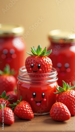 Playful jars of strawberry jam feature cute, smiling strawberries, creating a fun and inviting atmosphere perfect for food marketing and product packaging.