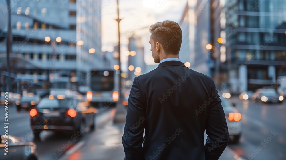 Businessman Walking Through Busy City Street at Dusk with Blurred Traffic and Modern Buildings Businessman Walking Through Busy City Street at Dusk with Blurred Traffic and Modern Buildings