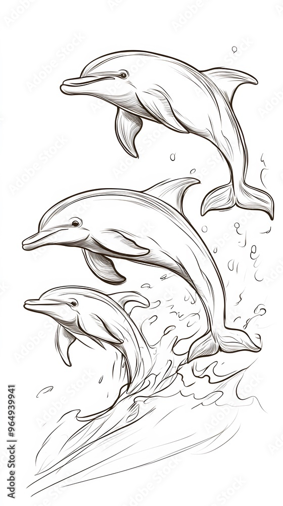 Three Dolphins Jumping Out of the Water, Line Drawing Three Dolphins Jumping Out of the Water, Line Drawing