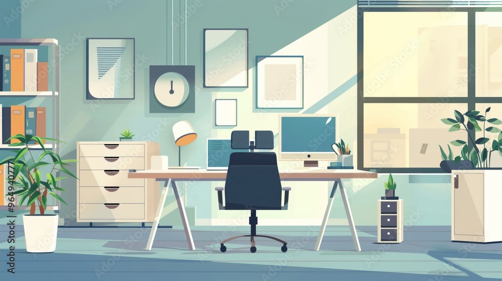 Fototapeta premium Modern Office Workspace with Desk, Computer, and Plants Illustration - Ideal for Business and Home Office Themes