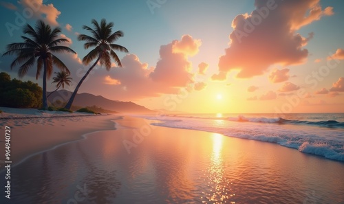 A serene tropical beach at sunset, showcasing vibrant colors reflecting on calm waters, perfect for travel, relaxation, and nature projects.