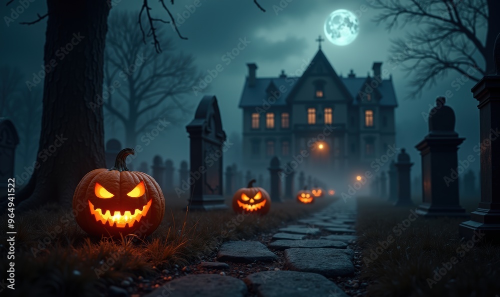 A spooky Halloween scene featuring glowing jack-o'-lanterns leading to a haunted mansion, set against an eerie moonlit backdrop. Perfect for seasonal promotions or decorations. A spooky Halloween scene featuring glowing jack-o'-lanterns leading to a haunted mansion, set against an eerie moonlit backdrop. Perfect for seasonal promotions or decorations.
