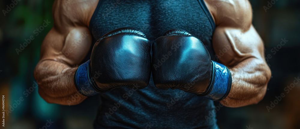 A close up shot of kickboxer tightening their gloves, showcasing strength and determination.. A close up shot of kickboxer tightening their gloves, showcasing strength and determination..