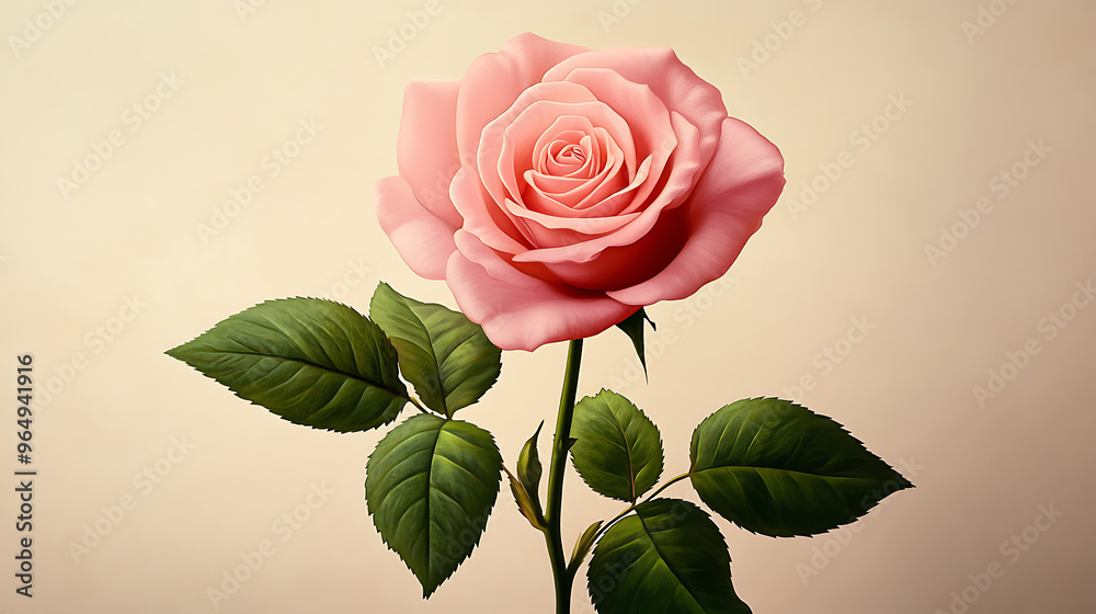 Fototapeta premium A single pink rose with green leaves against a soft beige background.