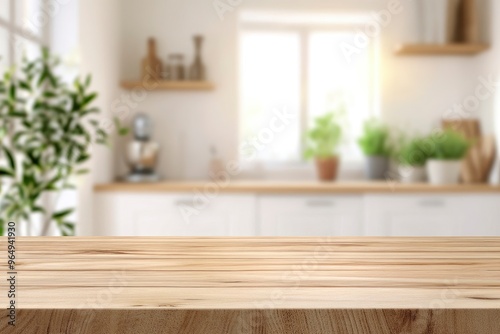 kitchen table background, wood counter top on blur of white clean abstract home interior with bokeh. used for display or montage your wooden for dining background. tabl banner, podium, ai