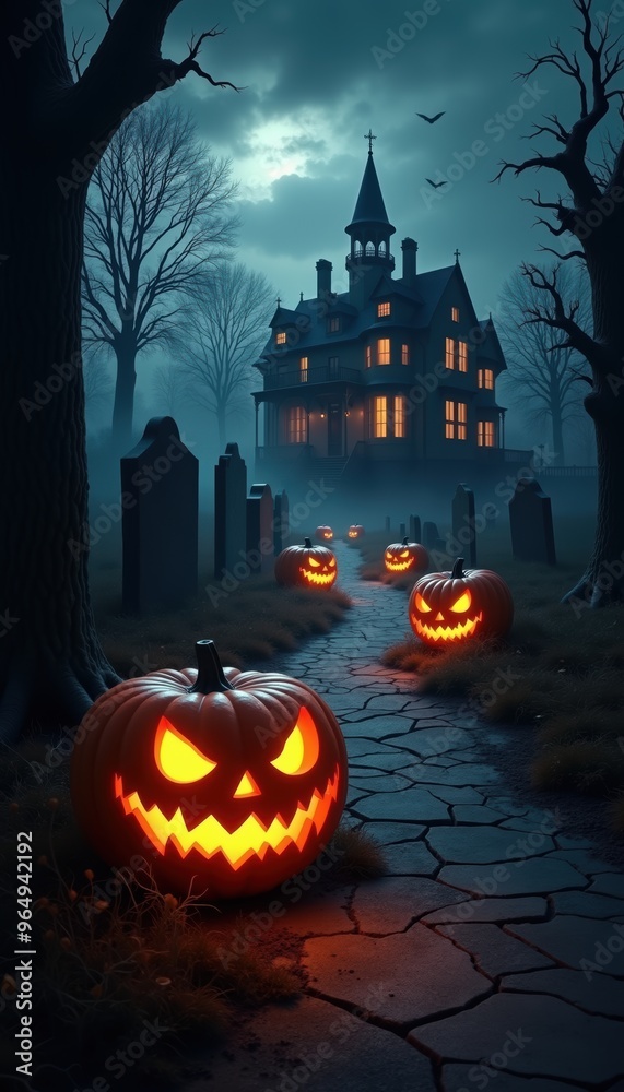 Spooky Halloween scene featuring a haunted house and glowing jack-o'-lanterns, perfect for seasonal decorations, promotions, and themed events. Spooky Halloween scene featuring a haunted house and glowing jack-o'-lanterns, perfect for seasonal decorations, promotions, and themed events.