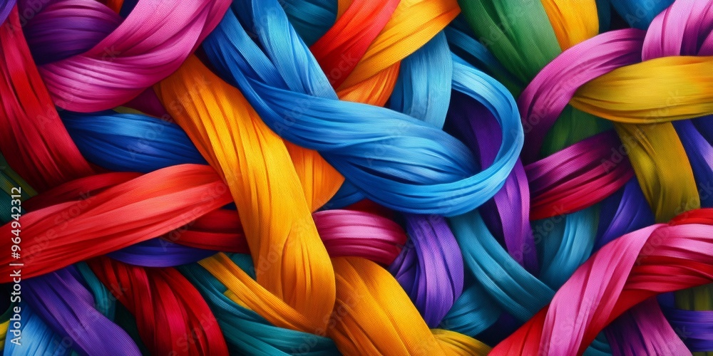 Colorful fabric ribbons interwoven in a chaotic pattern.