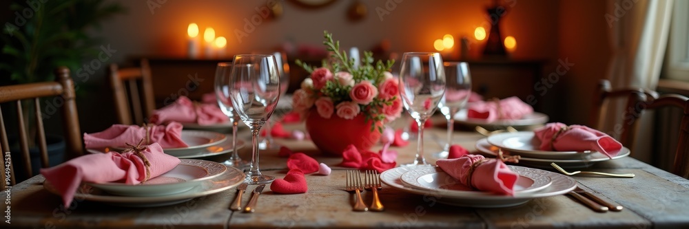 Elegant dinner setting with soft candlelight and floral arrangements, perfect for romantic occasions, special events, or fine dining promotions. Elegant dinner setting with soft candlelight and floral arrangements, perfect for romantic occasions, special events, or fine dining promotions.