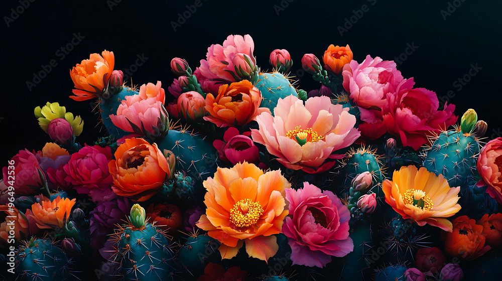 A vibrant cluster of blooming cactus flowers in various shades of pink, orange, and red against a dark background. A vibrant cluster of blooming cactus flowers in various shades of pink, orange, and red against a dark background.