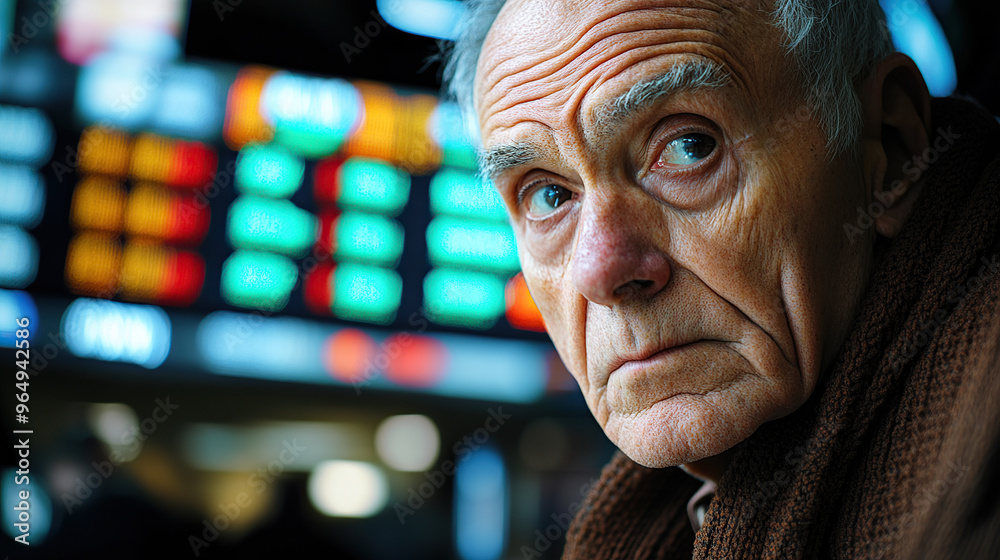 A close-up of an elderly, series-looking stock investor with a big screen stock chart in the background A close-up of an elderly, series-looking stock investor with a big screen stock chart in the background