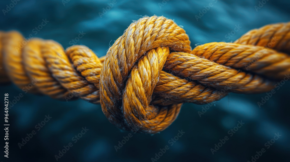 A high quality close up shot of intertwined ropes, showcasing their texture and detail. vibrant yellow color contrasts beautifully with blurred blue background, creating striking visual.. A high quality close up shot of intertwined ropes, showcasing their texture and detail. vibrant yellow color contrasts beautifully with blurred blue background, creating striking visual..