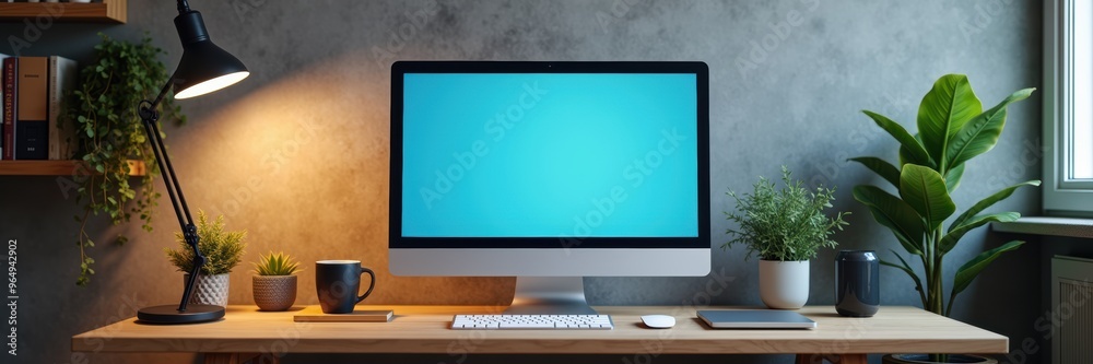 Modern workspace featuring a computer, desk lamp, and greenery, ideal for showcasing productivity, creativity, and contemporary office aesthetics. Modern workspace featuring a computer, desk lamp, and greenery, ideal for showcasing productivity, creativity, and contemporary office aesthetics.