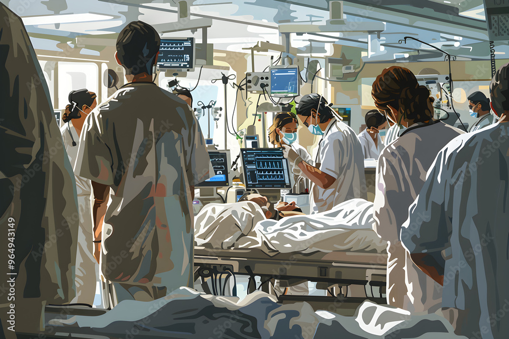 Intense Scene in Emergency Room: Medical Professionals Working with Urgency to Save Lives