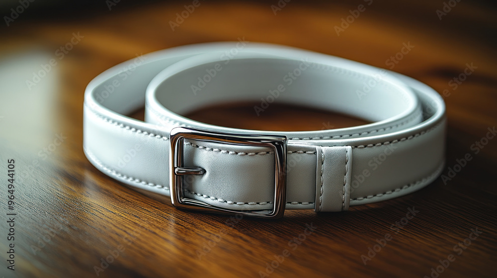 A stylish white leather belt with silver buckle, elegantly displayed on wooden surface.. A stylish white leather belt with silver buckle, elegantly displayed on wooden surface..