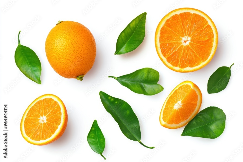 Orange fruit with orange slices and leaves isolated on white background. Orange with clipping path , ai Orange fruit with orange slices and leaves isolated on white background. Orange with clipping path , ai