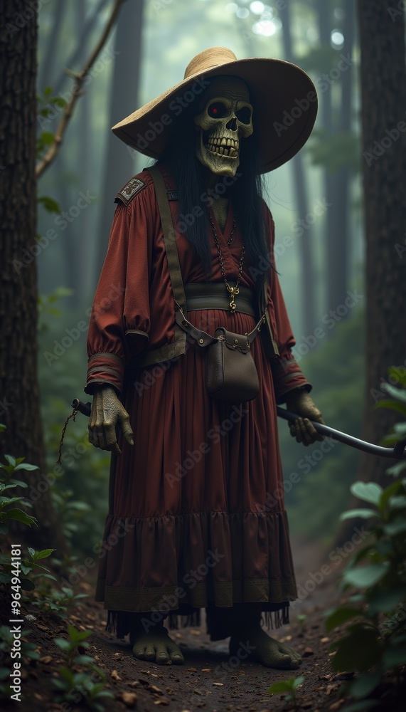 A mysterious figure in a foggy forest, dressed in a flowing red gown and a wide-brimmed hat, exuding a captivating blend of eerie elegance and adventurous spirit. A mysterious figure in a foggy forest, dressed in a flowing red gown and a wide-brimmed hat, exuding a captivating blend of eerie elegance and adventurous spirit.