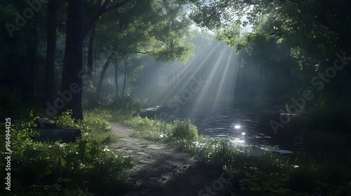 A serene forest landscape featuring sunlight filtering through trees, casting reflections on a tranquil stream. photo