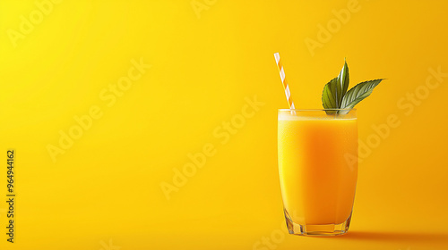 glass of mango juice with straw isolated on yellow background