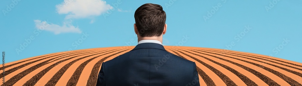 A businessman stands in a vast field, contemplating the horizon and embracing potential opportunities in agriculture. A businessman stands in a vast field, contemplating the horizon and embracing potential opportunities in agriculture.