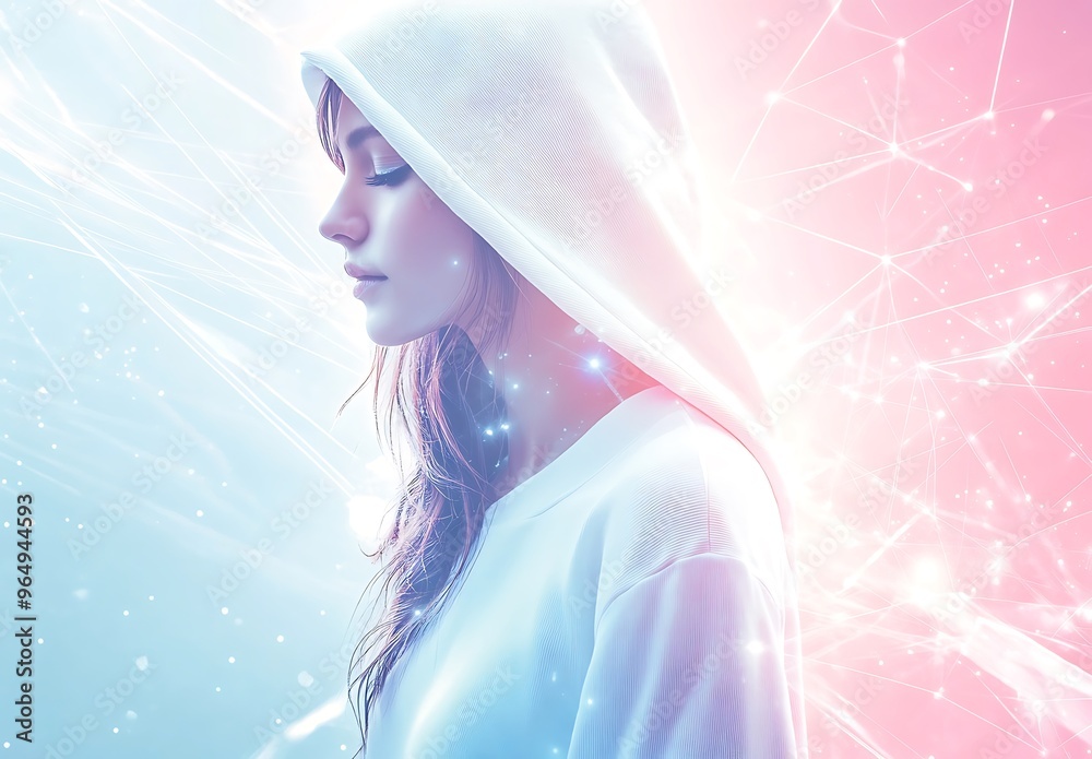 Young woman standing in holographic background Young woman standing in holographic background