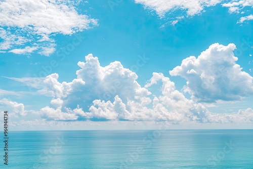 Panorama of clear sky background for summer vacation concept at ocean and summer sea water with sunlight of beautiful cloudy sky , ai