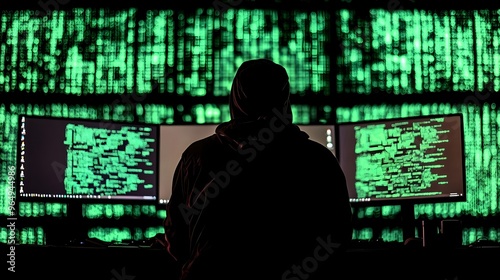 A silhouette of a programmer working at multiple monitors, surrounded by digital green code, highlighting tech and innovation.