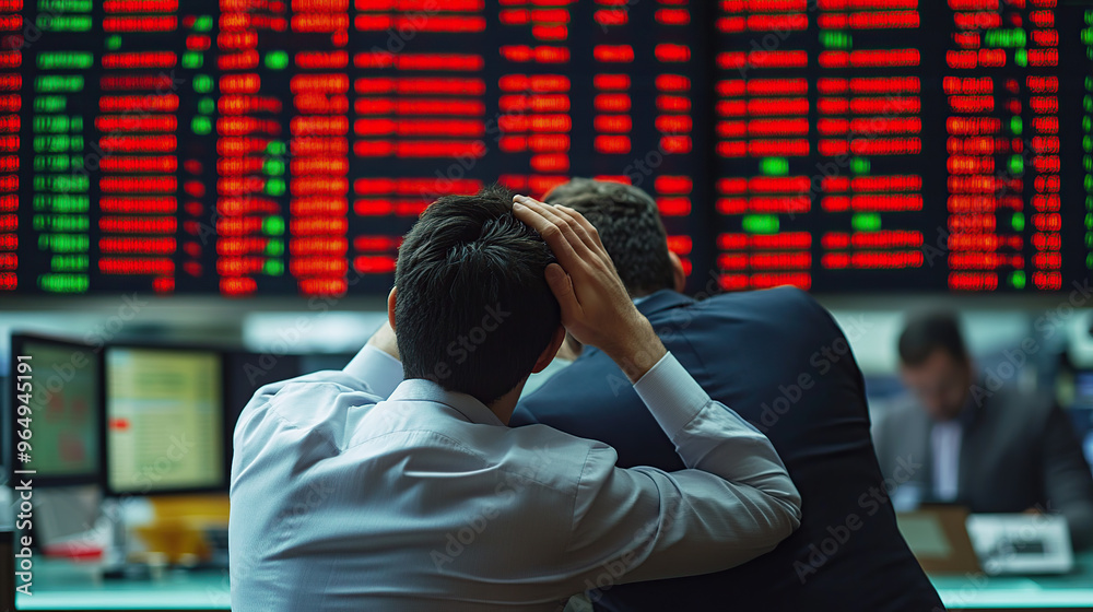 A man holds his head in his hands as stock investors look at a stock market screen with red and green numbers on it, looking very lost A man holds his head in his hands as stock investors look at a stock market screen with red and green numbers on it, looking very lost