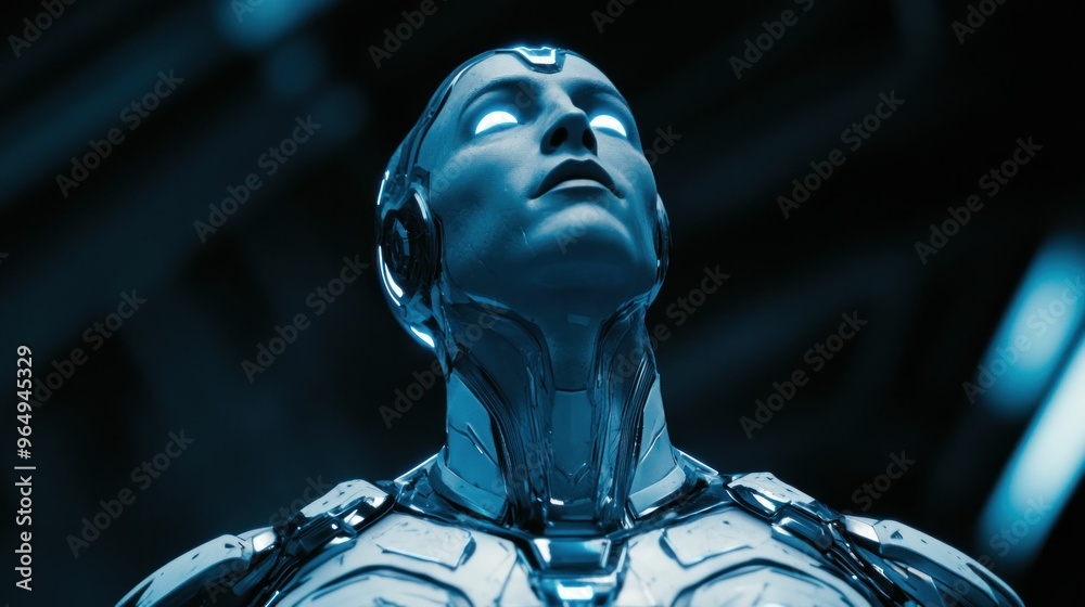 futuristic robot design, humanoid figure with glowing blue eyes, metallic body reflecting light, innovative technology concept in a sci fi setting, ideal for thematic visuals futuristic robot design, humanoid figure with glowing blue eyes, metallic body reflecting light, innovative technology concept in a sci fi setting, ideal for thematic visuals
